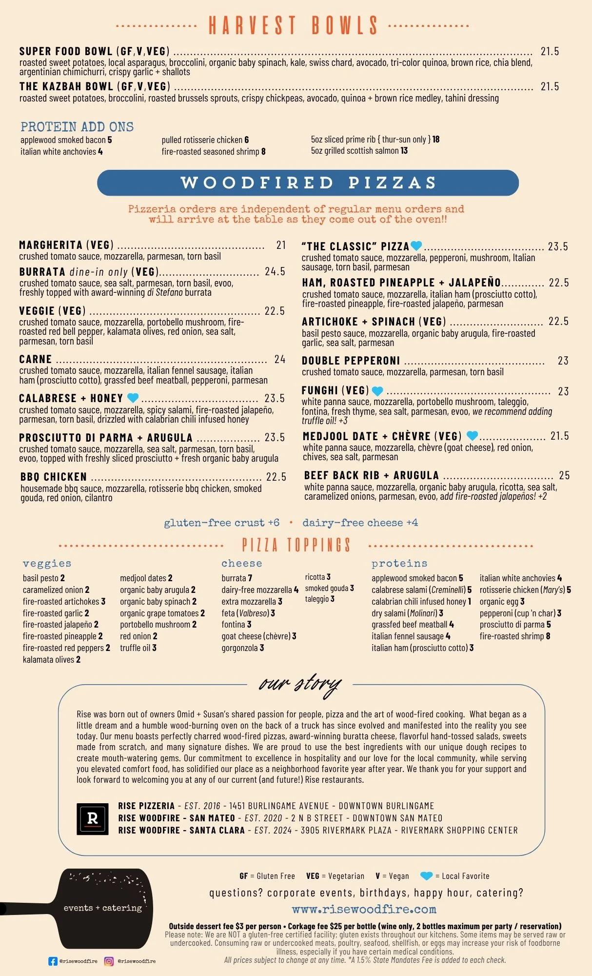 Menu featuring sandwiches and woodfired pizzas with prices and descriptions.