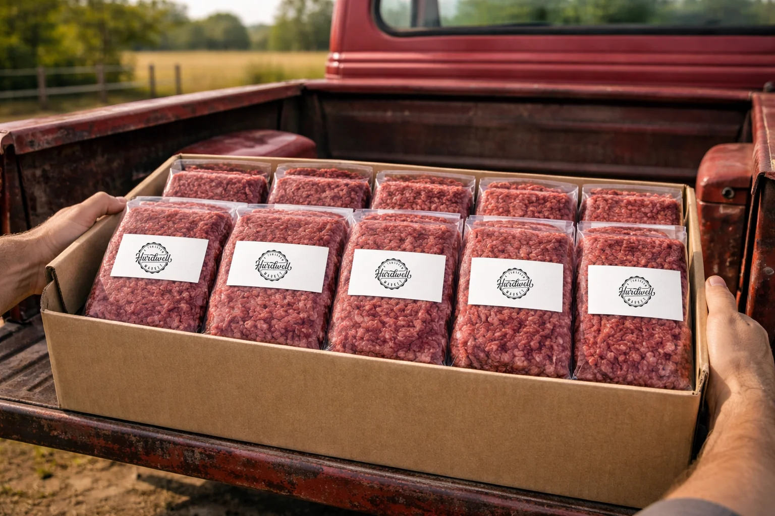 Packaged ground beef in a rustic truck bed