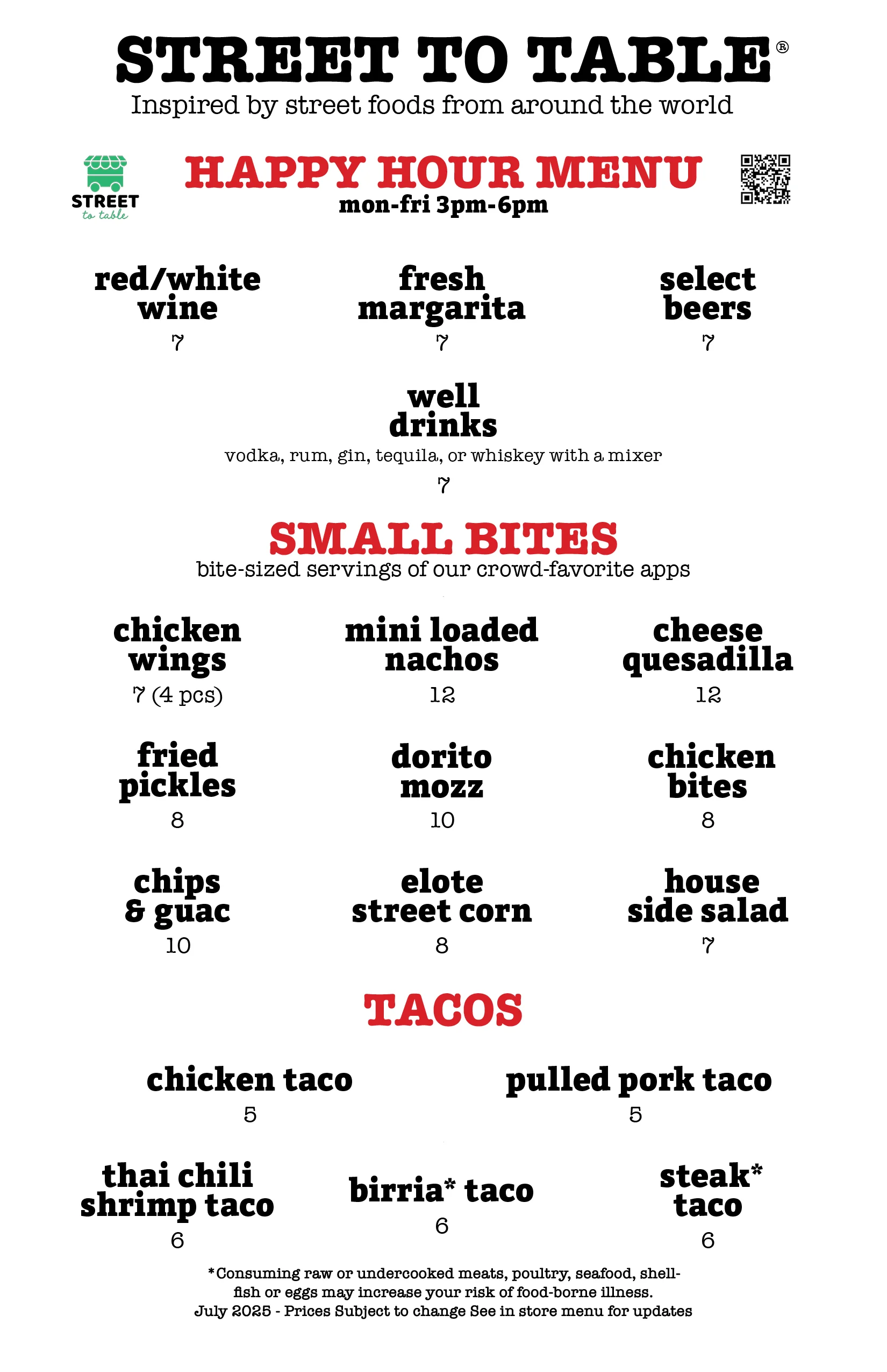 Street to Table Huntington Station Happy Hour Menu