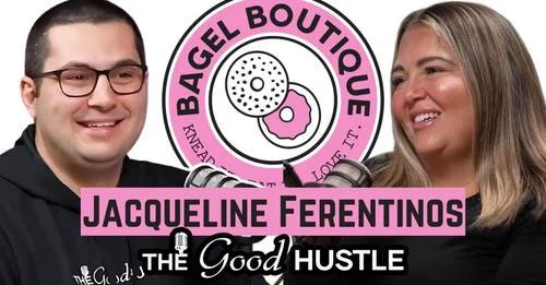Podcast hosts discussing bagels at Bagel Boutique