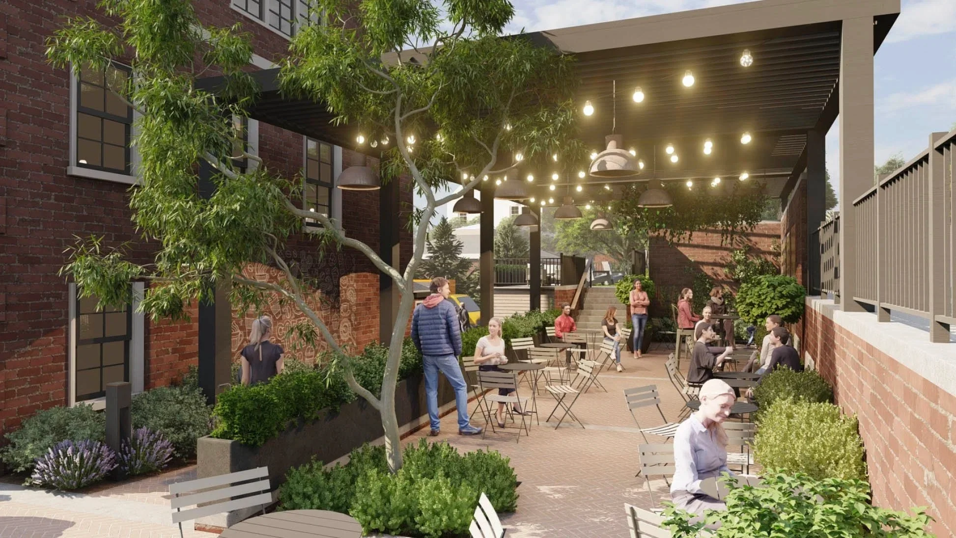 Charming restaurant exterior with warm lighting and outdoor seating