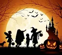Halloween silhouette scene with witches, bats, jack-o'-lanterns, and a haunted castle