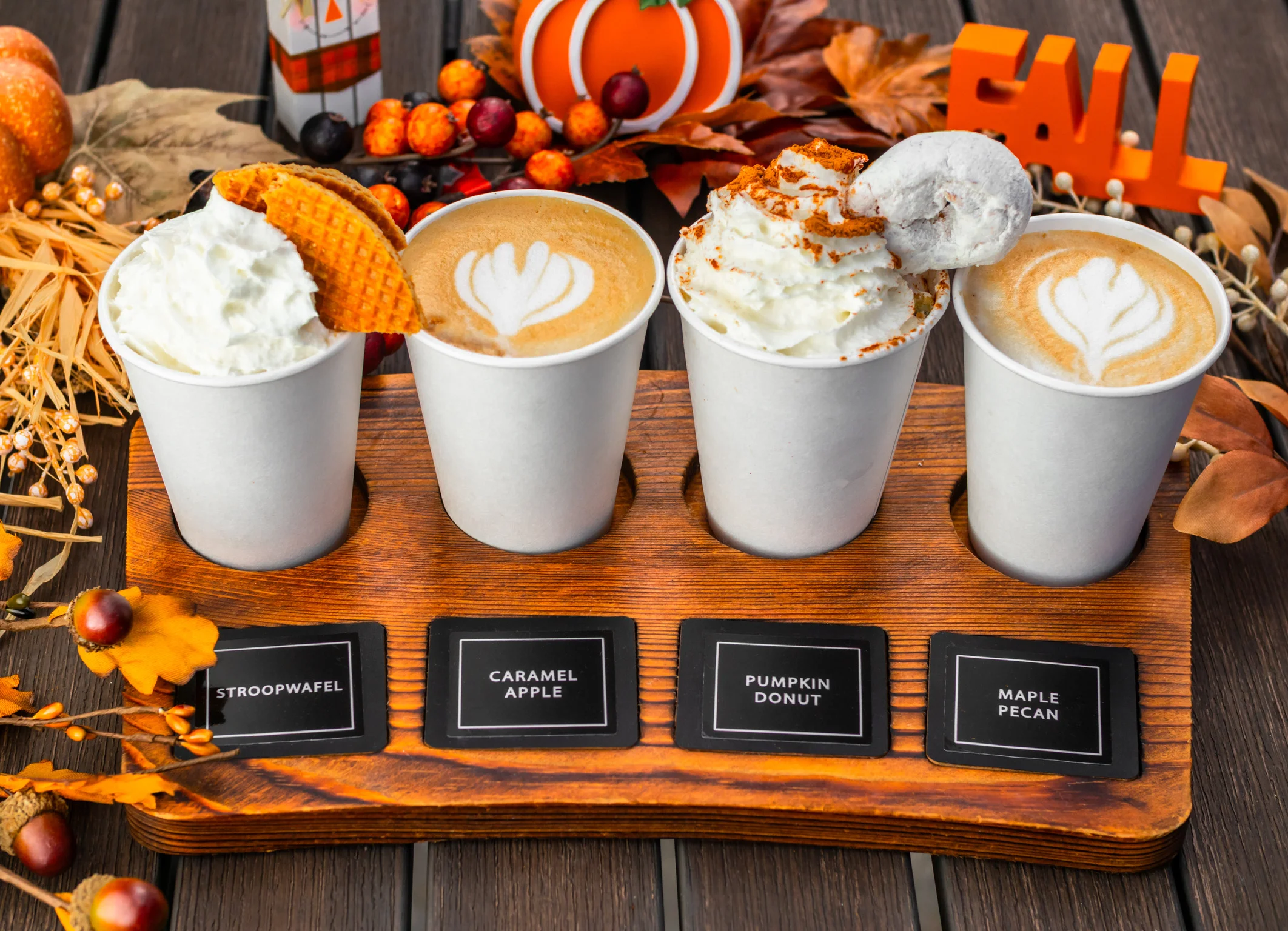 Fall-inspired coffee flight with seasonal flavors