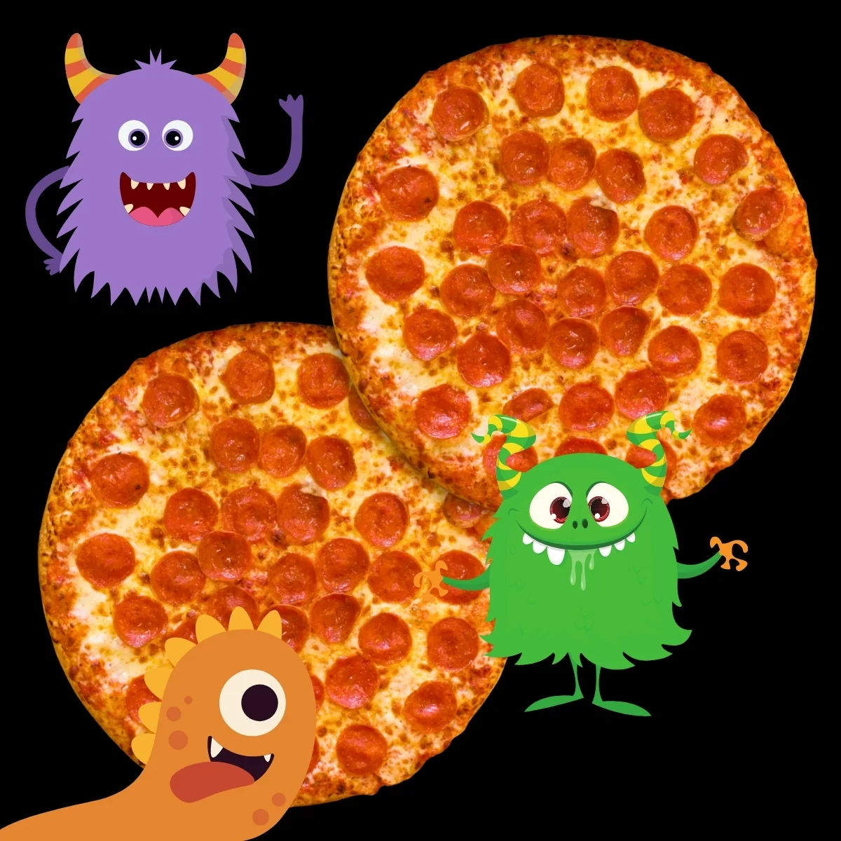 Illustrated pizzas with colorful cartoon monsters