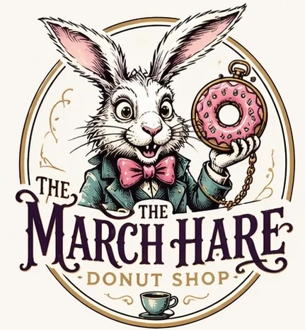 Whimsical logo of The March Hare Donut Shop featuring a rabbit and donut