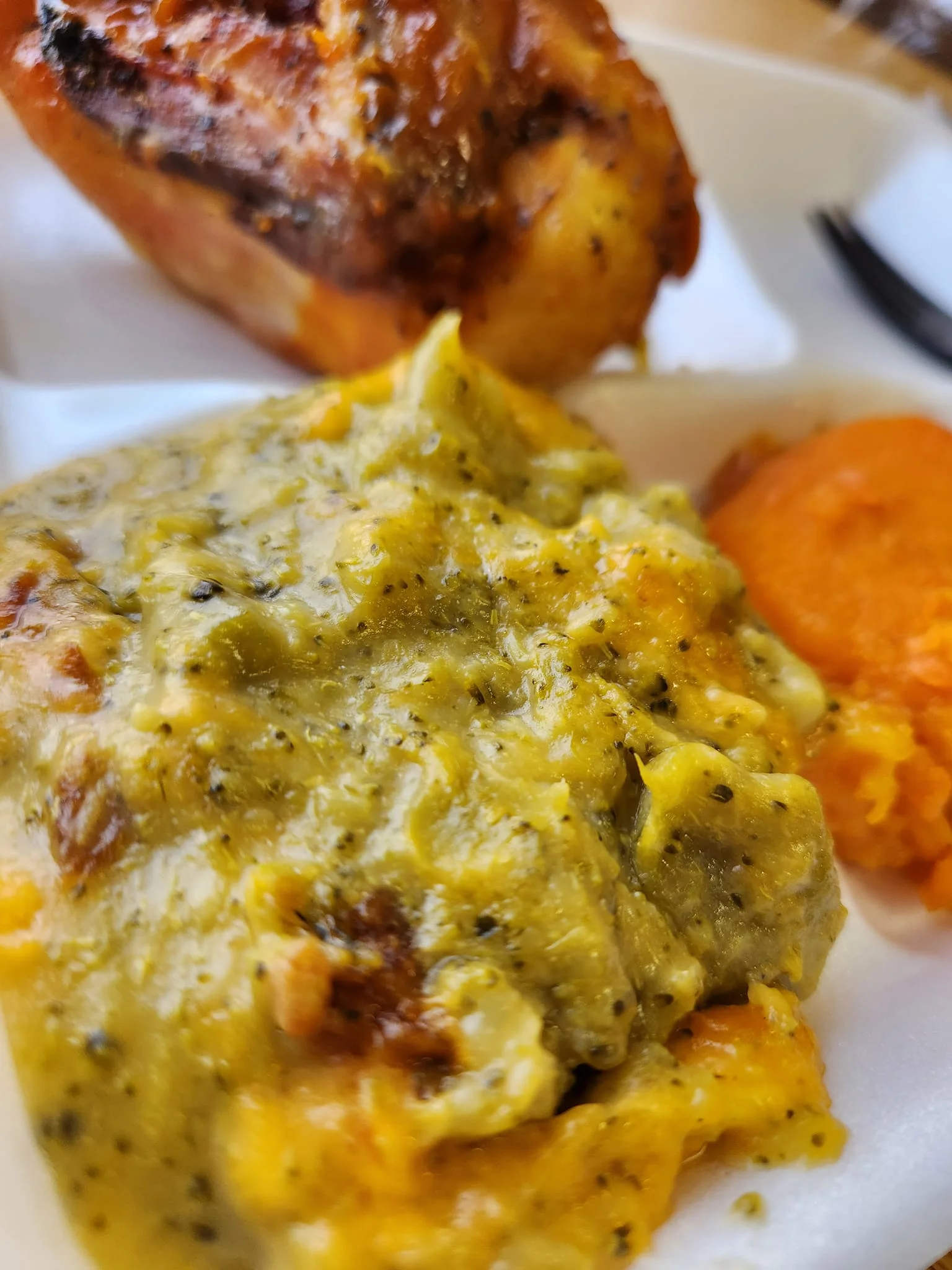 Southern-style cornbread dressing with sweet potato mash