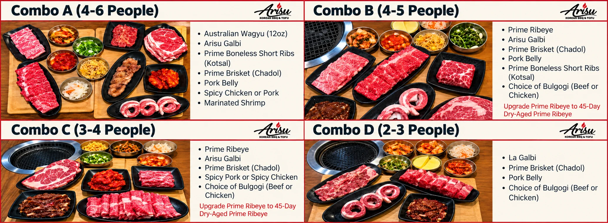 Korean BBQ combo menu with assorted raw meats, grill, and side dishes
