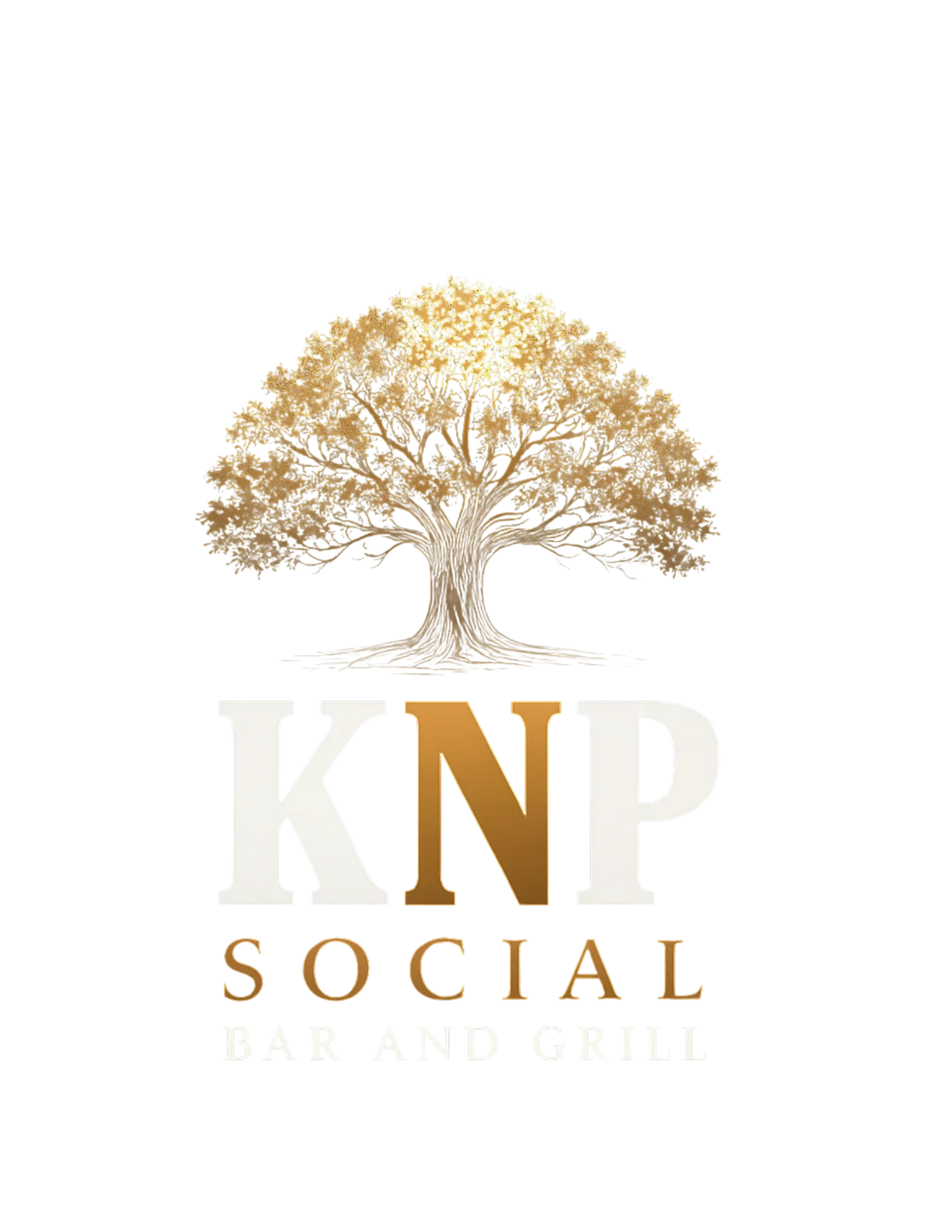 A logo featuring a large, stylized tree with golden foliage, accompanied by the text 'KNP SOCIAL BAR AND GRILL' in a striking typography.