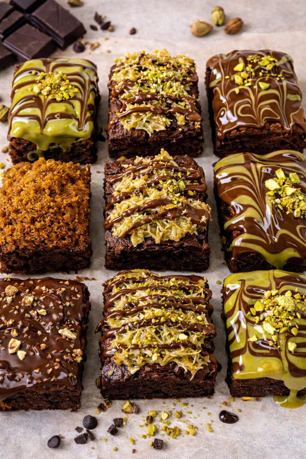 A delicious assortment of brownies topped with various toppings including chocolate, nuts, and green icing, arranged neatly on parchment paper.