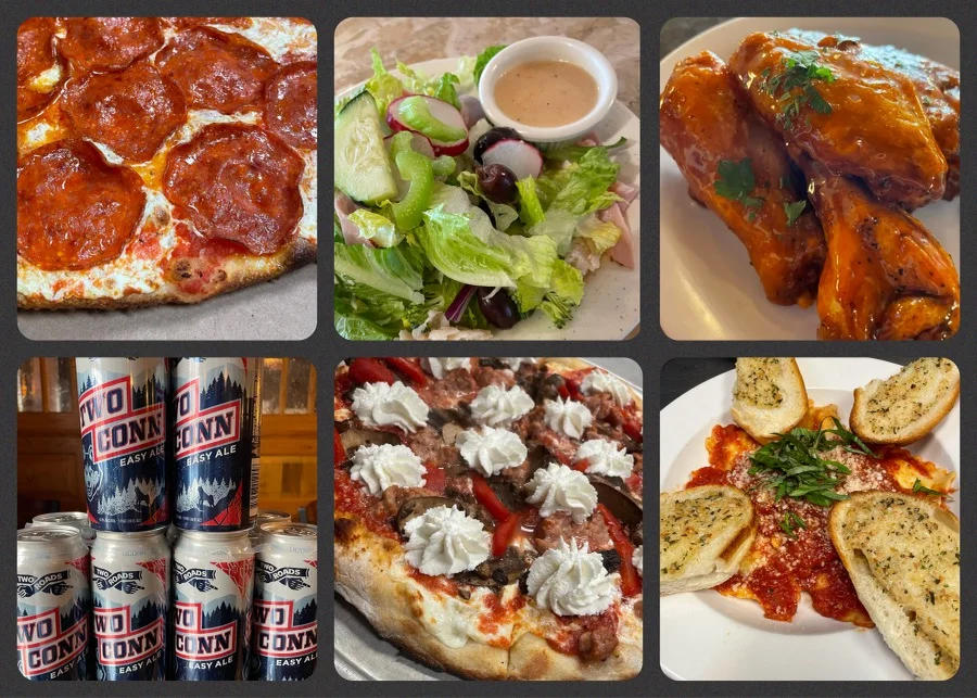 Assorted dishes including pepperoni pizza and buffalo wings