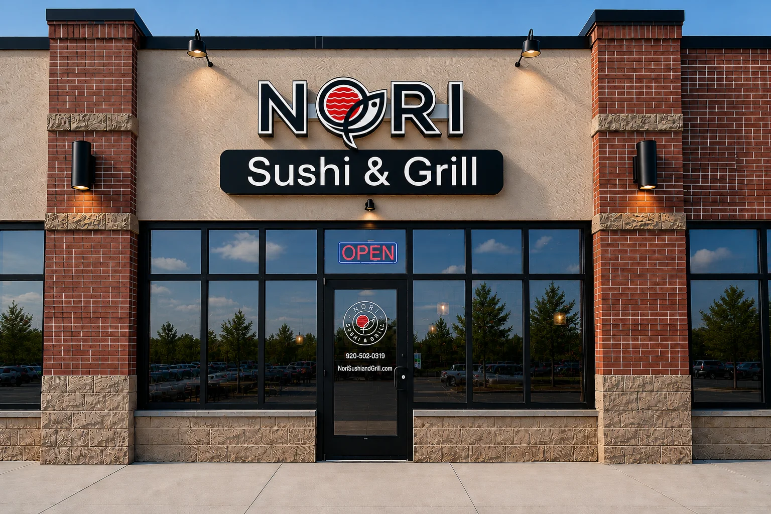 Exterior of Nori Sushi & Grill restaurant with open sign
