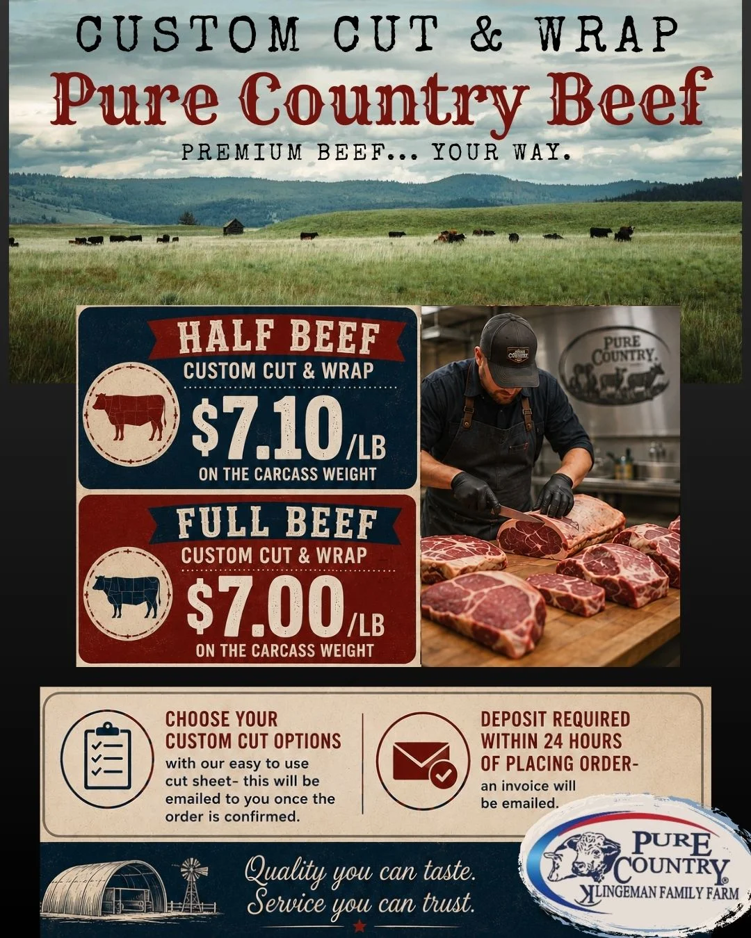 Custom beef processing promotion with butcher, cattle pasture, and premium beef cuts