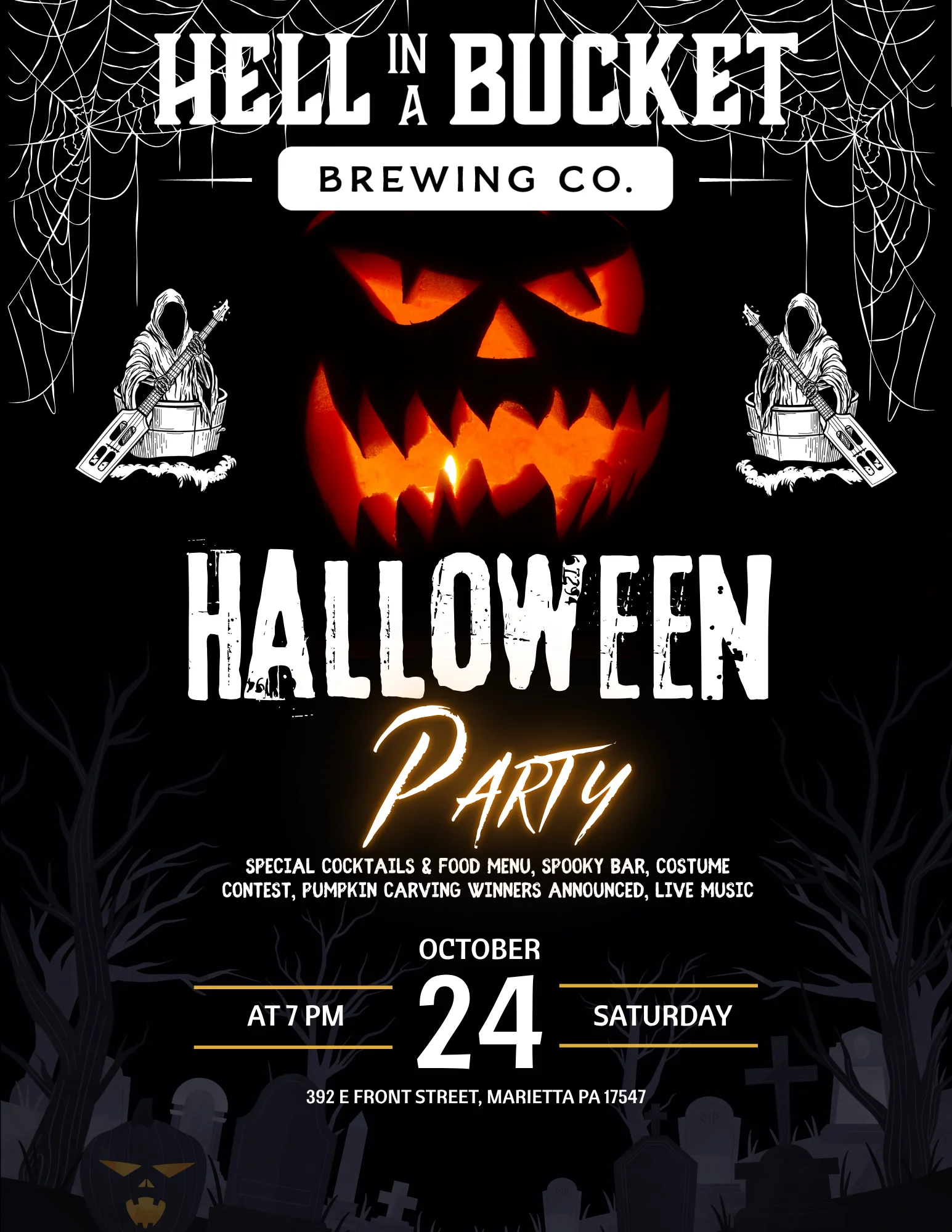 Halloween party poster with jack-o'-lantern and spooky brewery event graphics