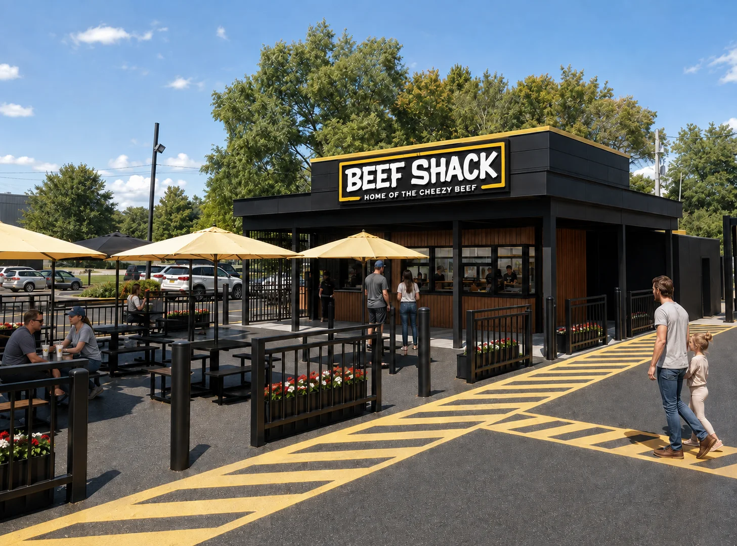 Modern restaurant exterior with outdoor seating and umbrellas