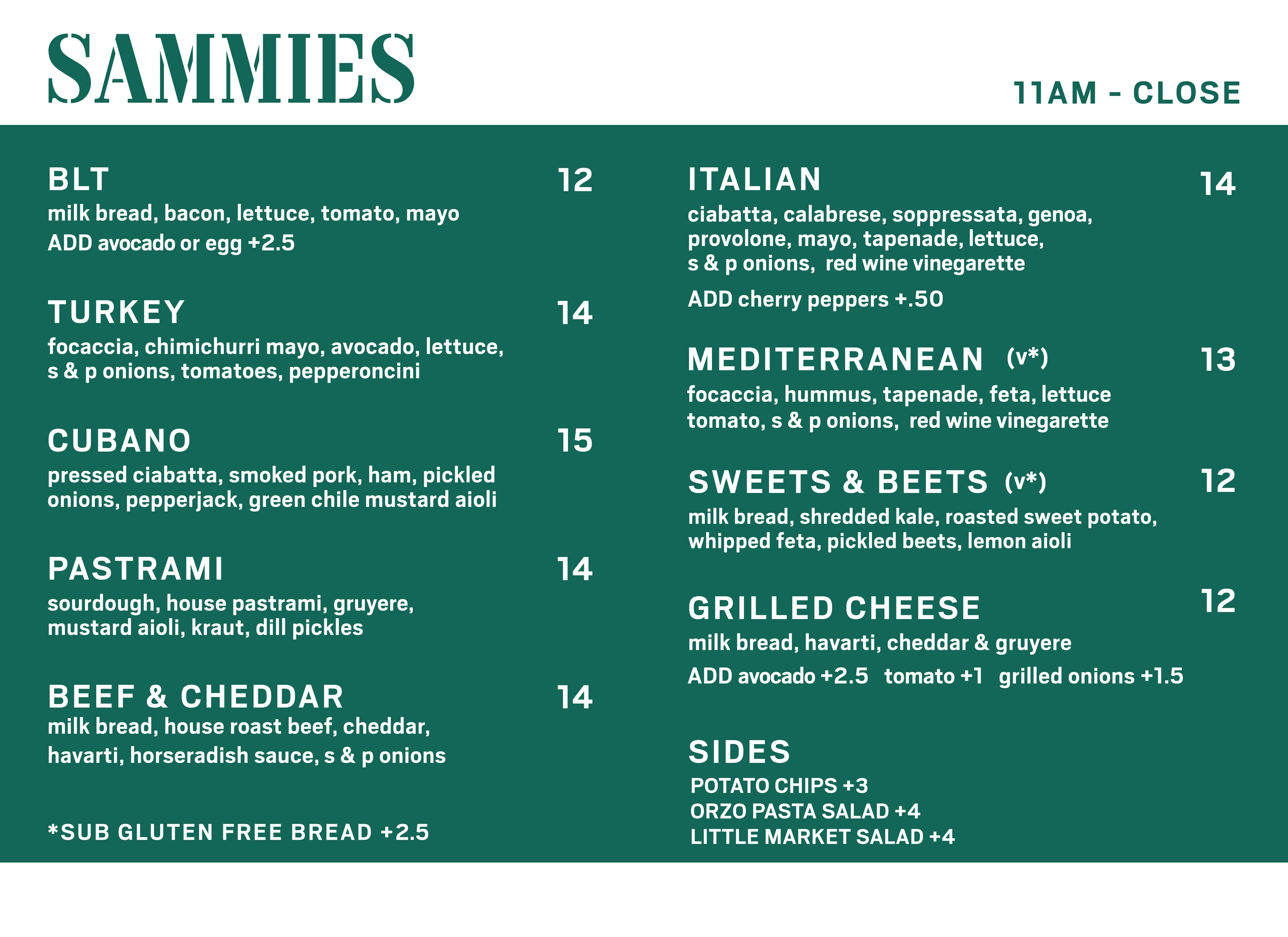 Menu of gourmet sandwiches featuring various cultural styles