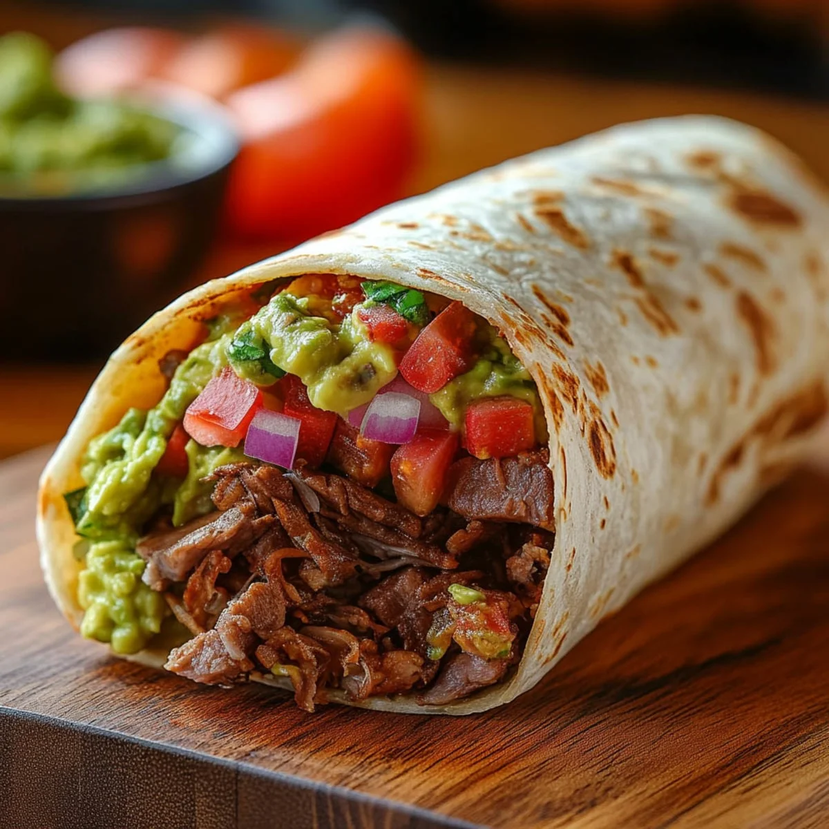Delicious beef burrito with guacamole and fresh salsa