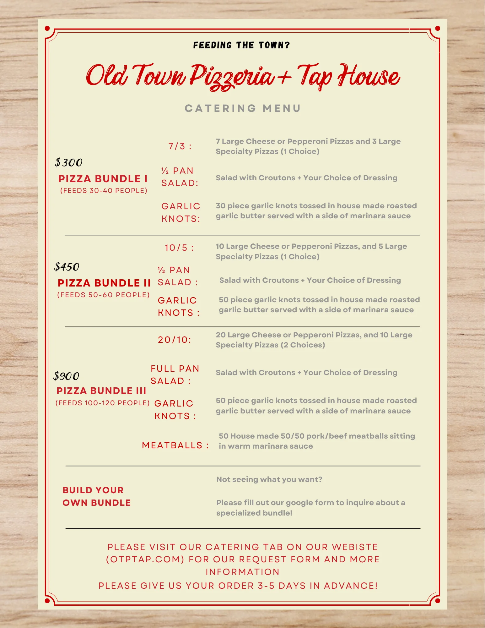 Catering menu for pizza bundles at Old Town Pizzeria