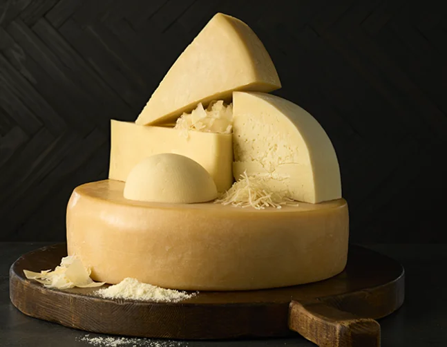 Artisan cheese wheel with various cuts and shavings