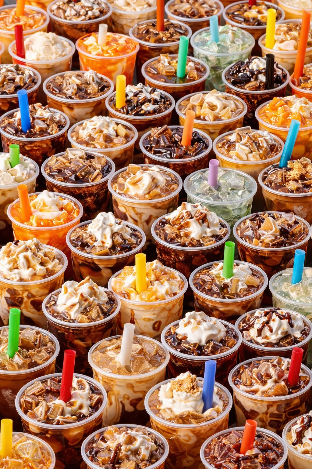 Colorful assortment of dessert cups with various toppings