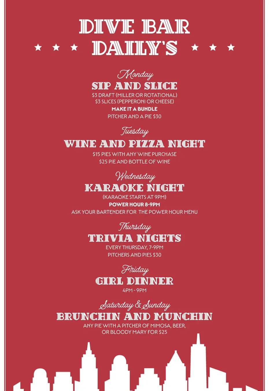 Weekly event schedule for a lively dive bar with pizza and drinks