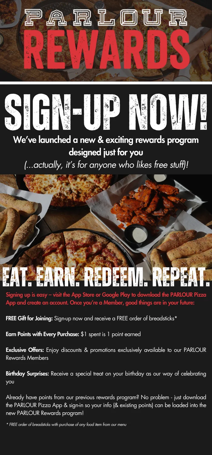 Promotional image for PARLOUR Rewards program with pizza and wings