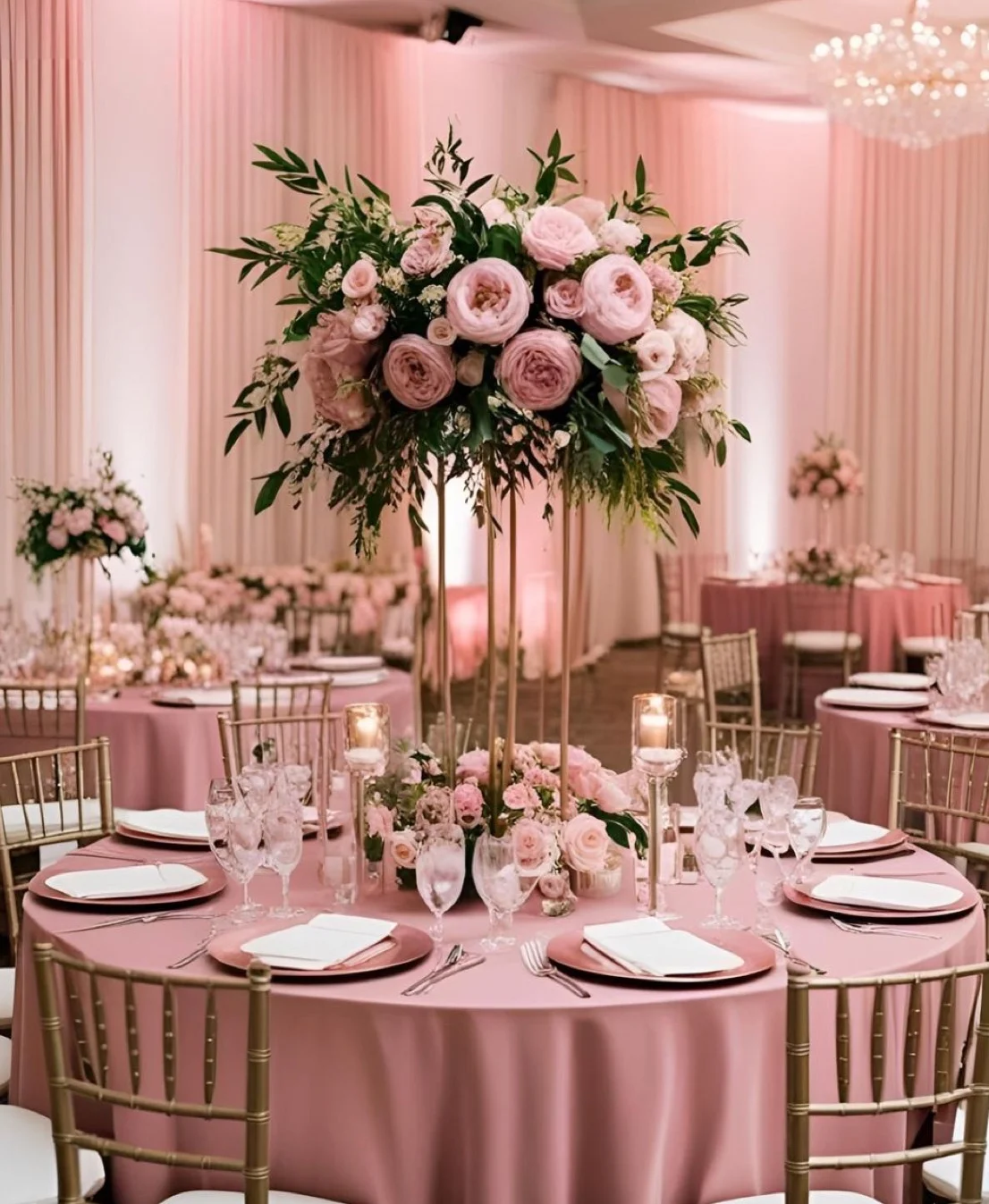 An elegantly decorated dining setup with tall floral arrangements featuring pink roses and lush greenery on round tables.