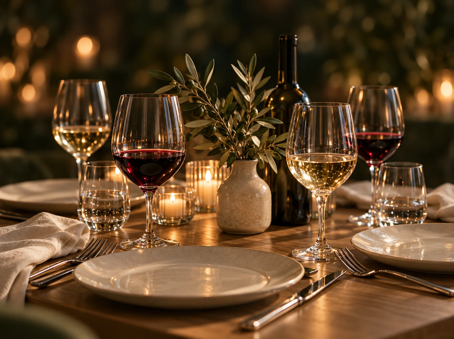 Elegant restaurant table setting with red and white wine glasses