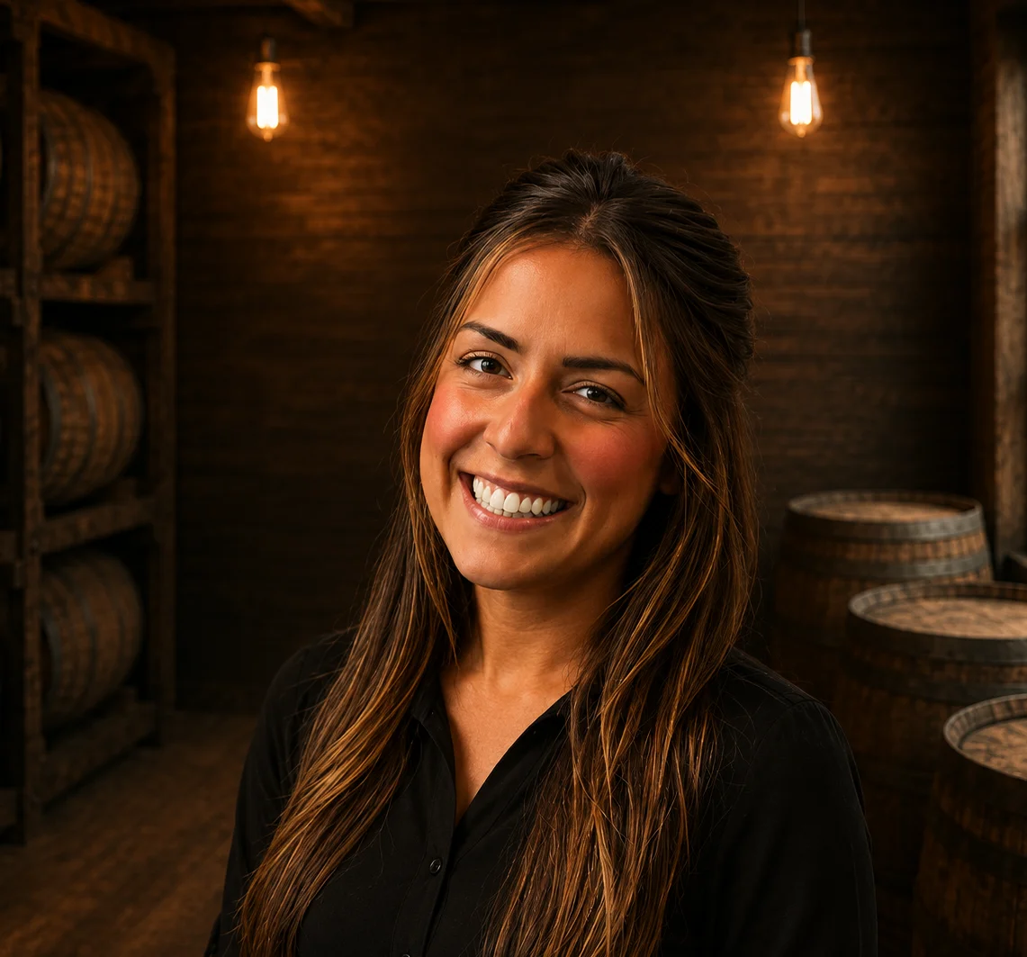 Smiling man in a restaurant with barrels in the background