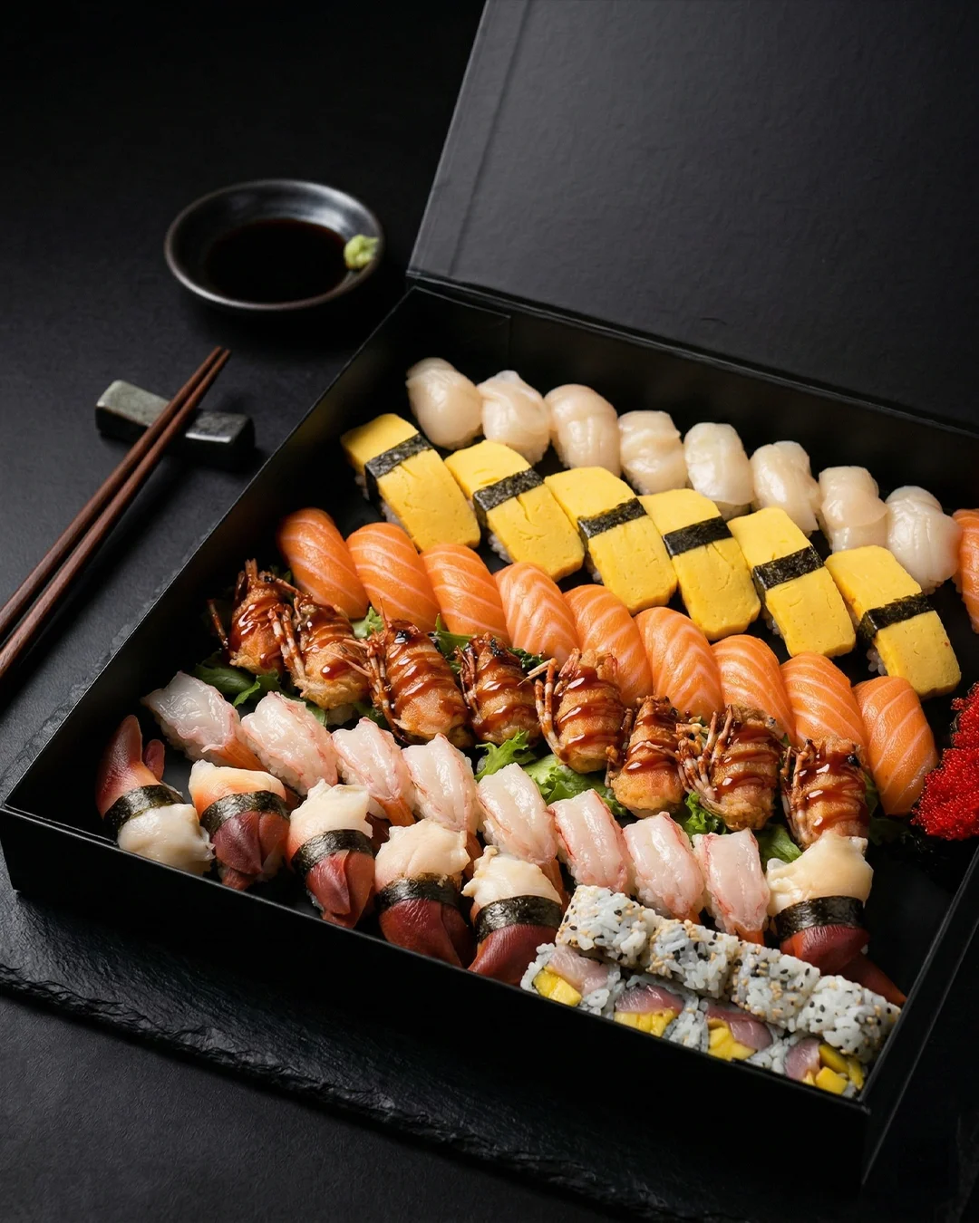 Assorted Japanese sushi platter with nigiri and rolls