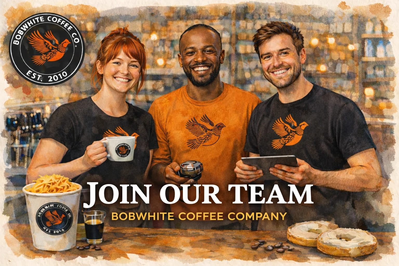 Team members at Bobwhite Coffee Company promoting job opportunities