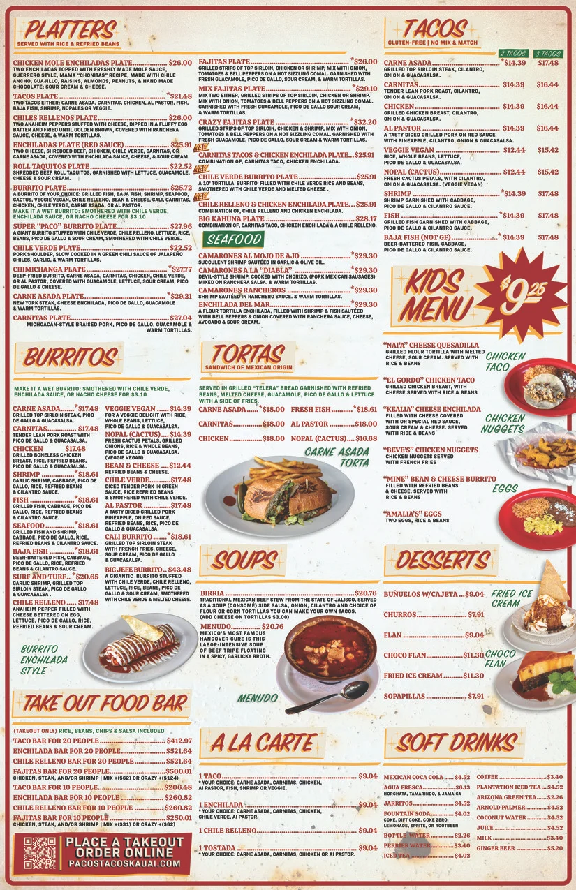Mexican menu featuring tacos, burritos, and enchiladas