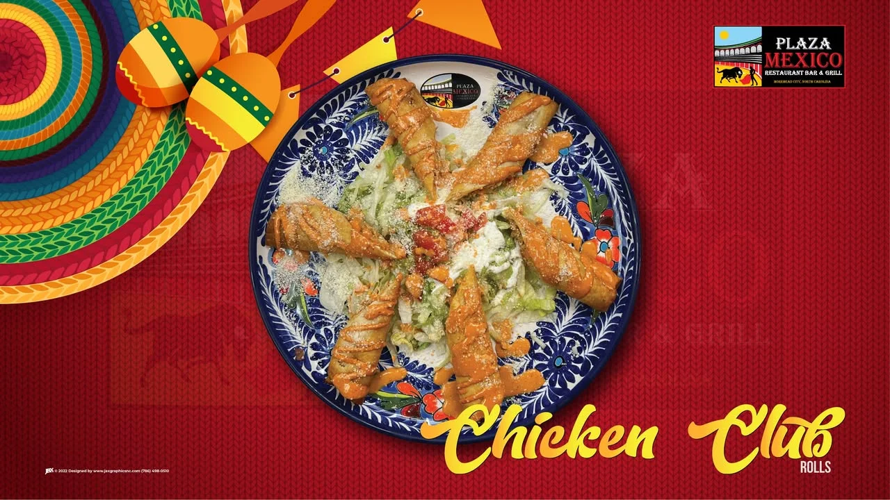 A plate featuring chicken club rolls arranged on a bed of lettuce with diced tomatoes, topped with cheese, and presented with decorative elements.