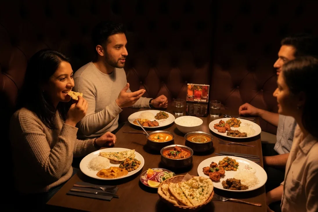 Indian feast with curry, naan, and rice in a cozy restaurant setting