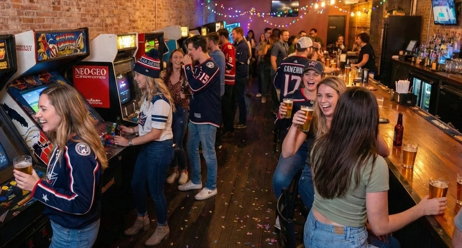A vibrant event at Brewcadia featuring guests enjoying food and drinks.