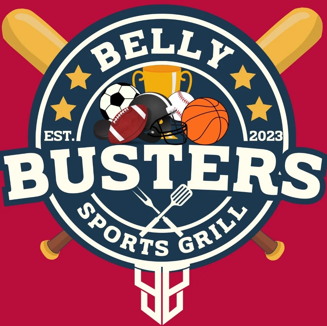 Logo of Belly Busters Sports Grill featuring various sports equipment