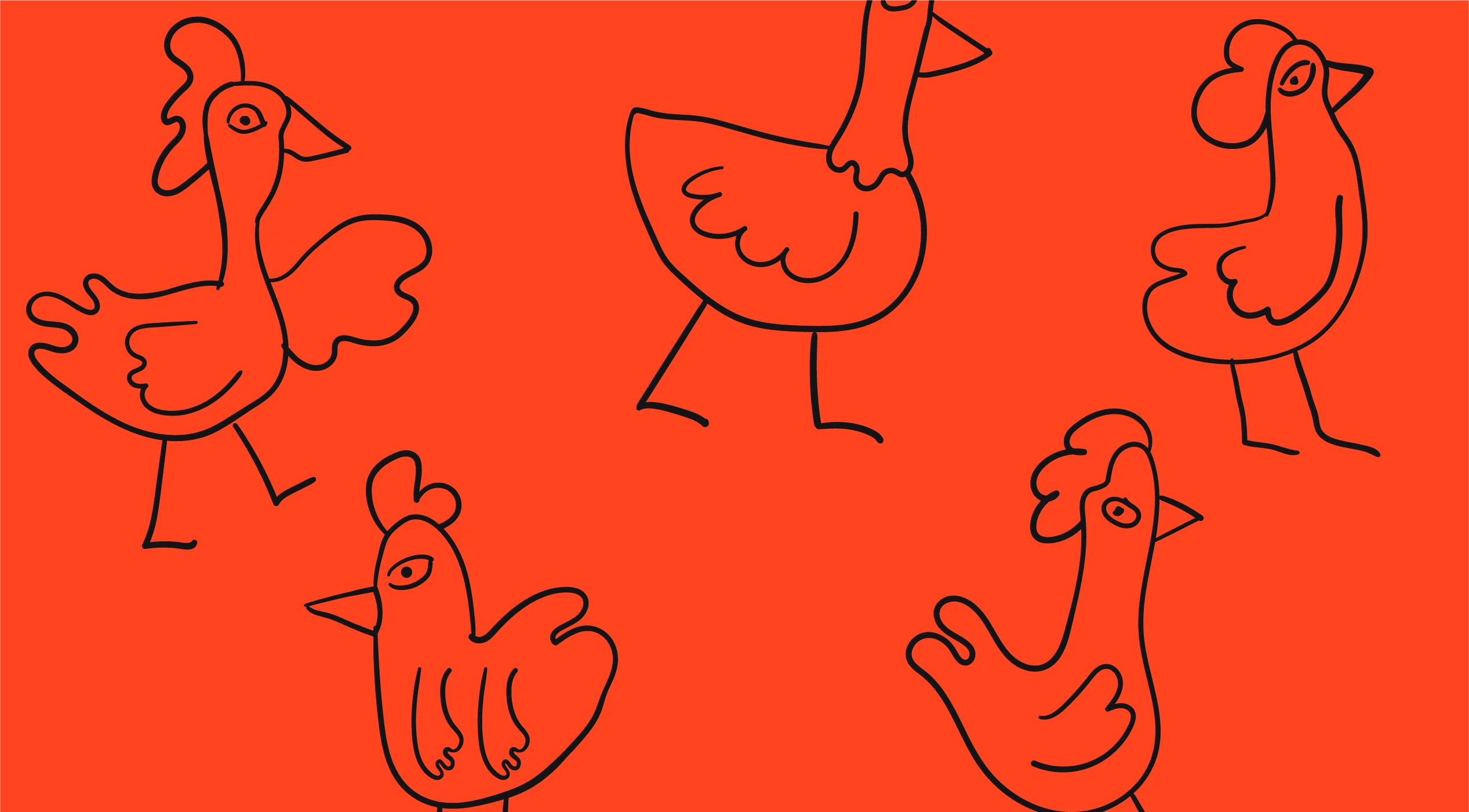 Colorful line art of playful chickens on a bright background