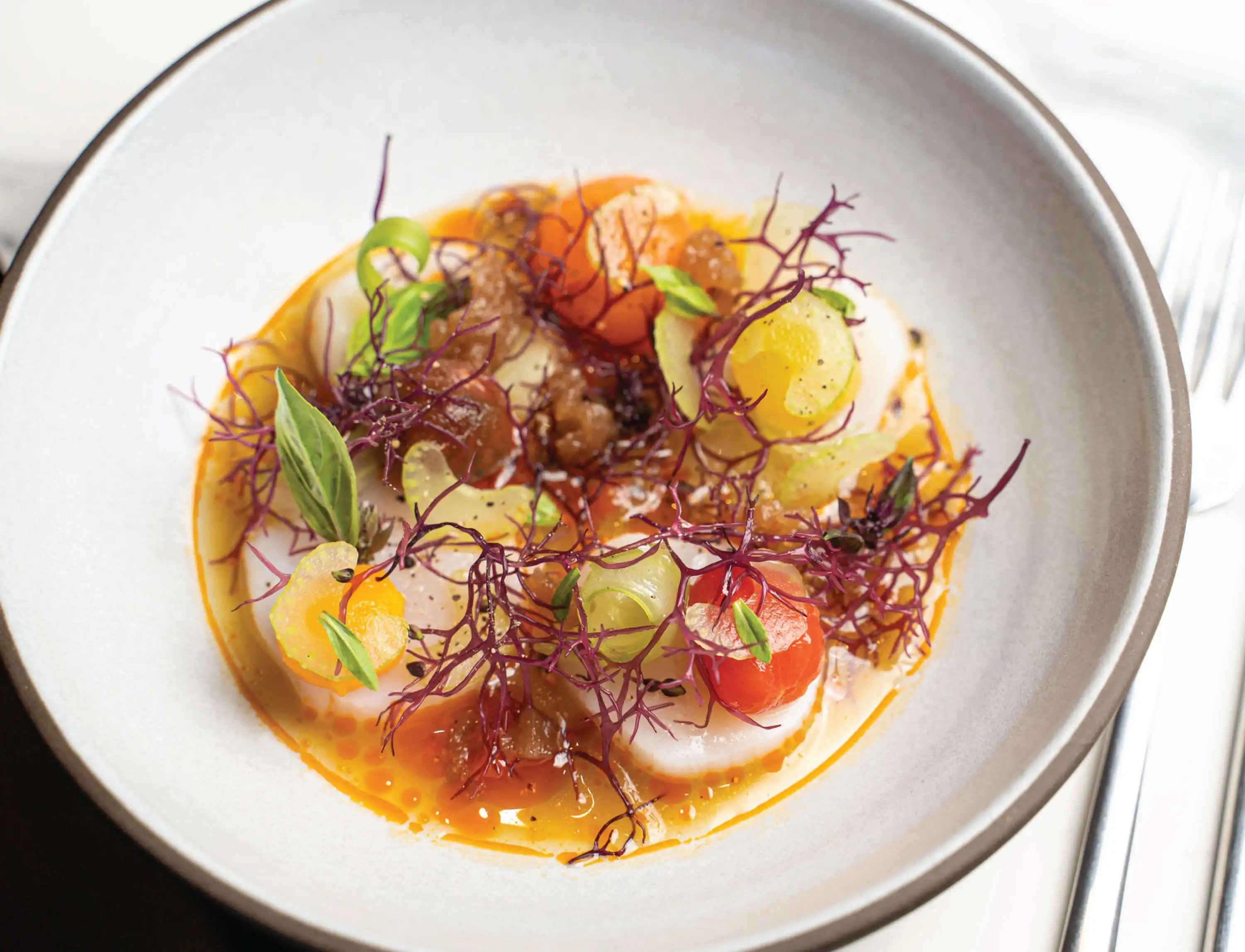 DIVER SCALLOPS* Celery, Pineapple, Tomato, Tamarind, Thai Basil, Rice Paddy Herbs.