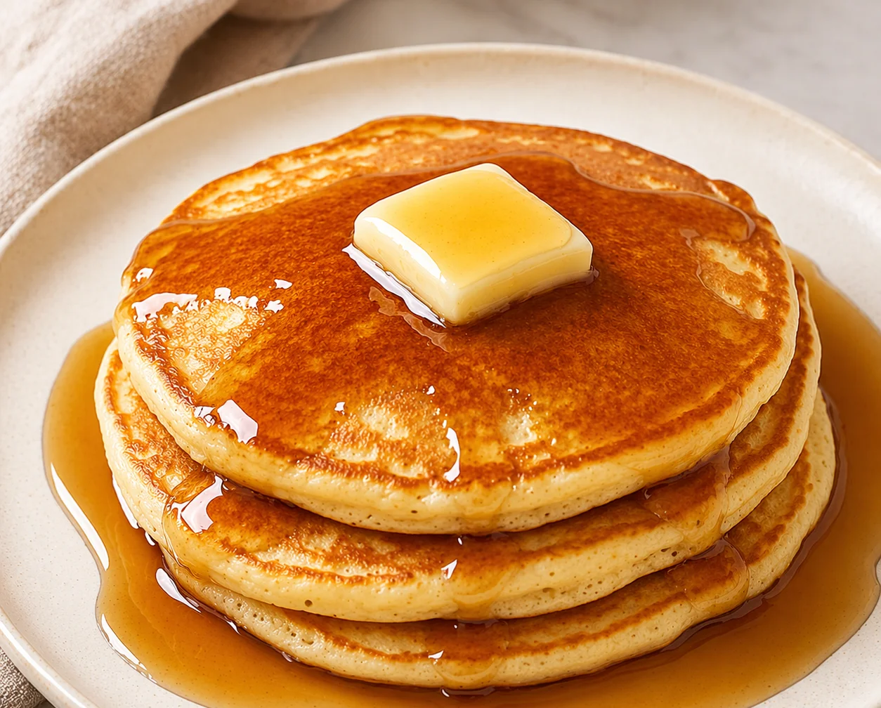 Stack of pancakes drizzled with syrup on a plate