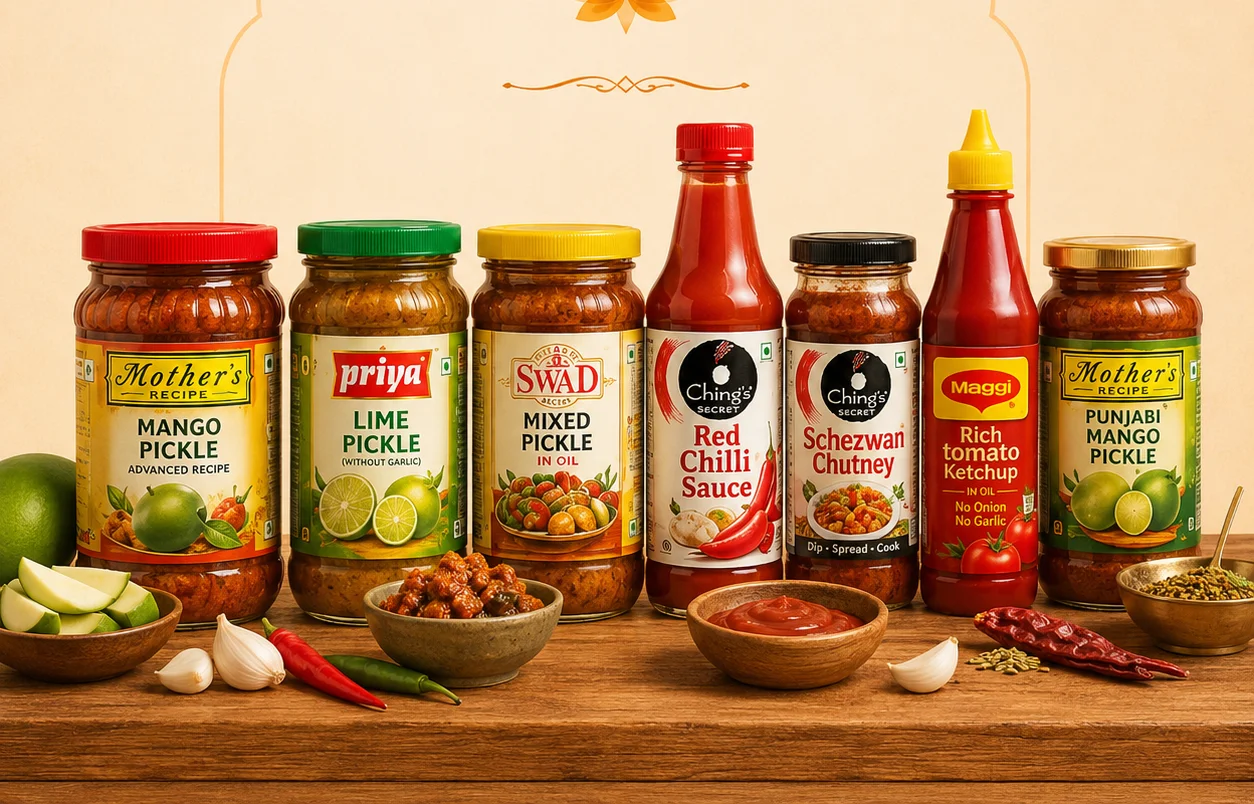 Variety of Indian pickles and sauces displayed on a wooden table.