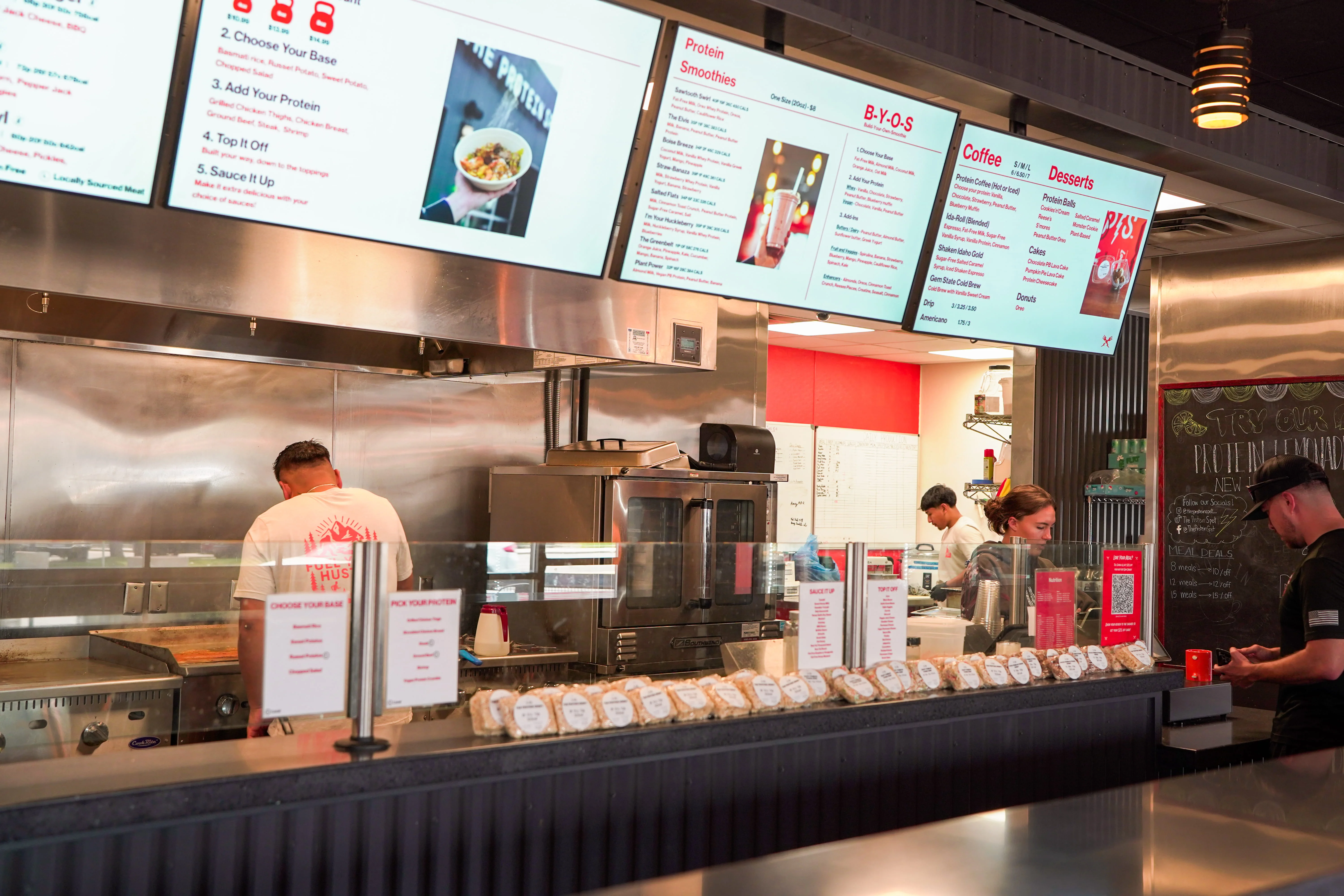 Modern restaurant counter with protein bowl menu