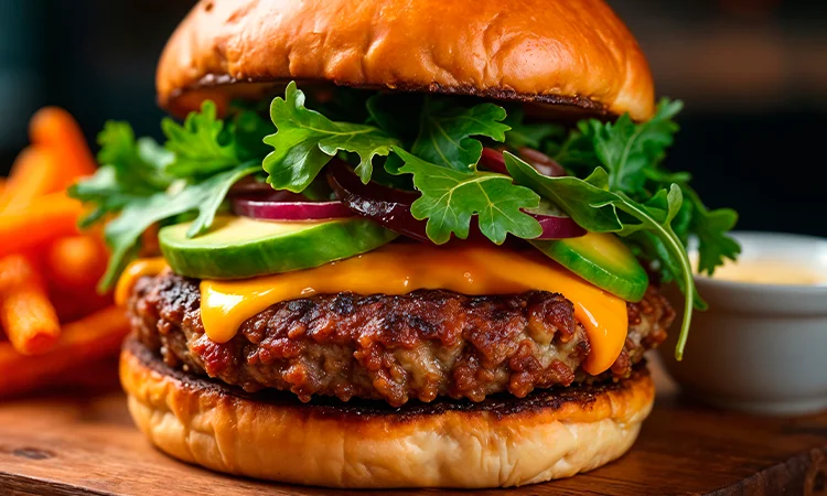 Juicy cheeseburger with fresh greens and toppings