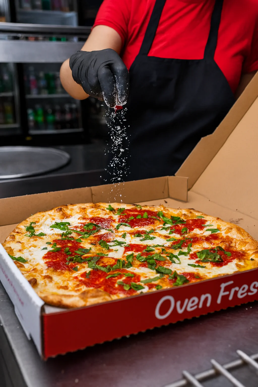 Fresh Margherita pizza being seasoned in a pizzeria