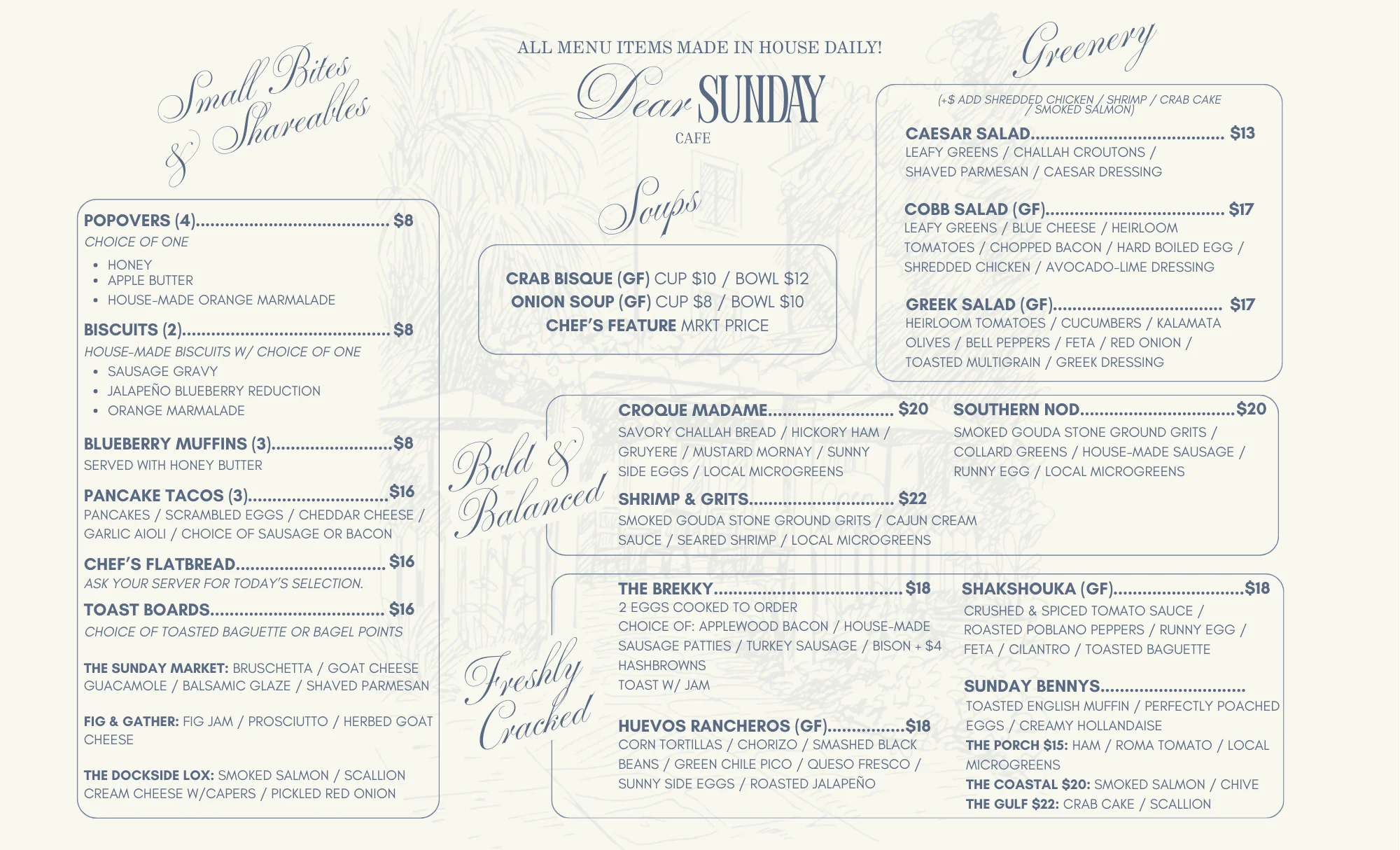Brunch menu featuring Southern-inspired dishes and fresh ingredients