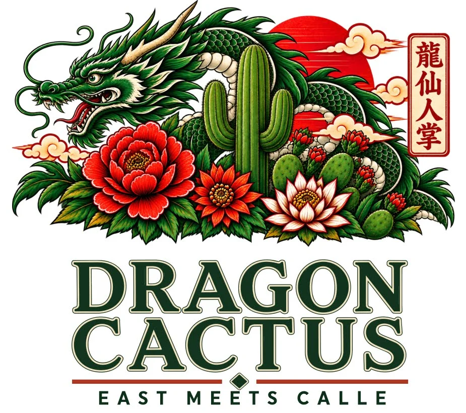 A graphic design featuring a dragon intertwined with cactus and flowers, accompanied by the text 'Dragon Cactus East Meets Calle'.