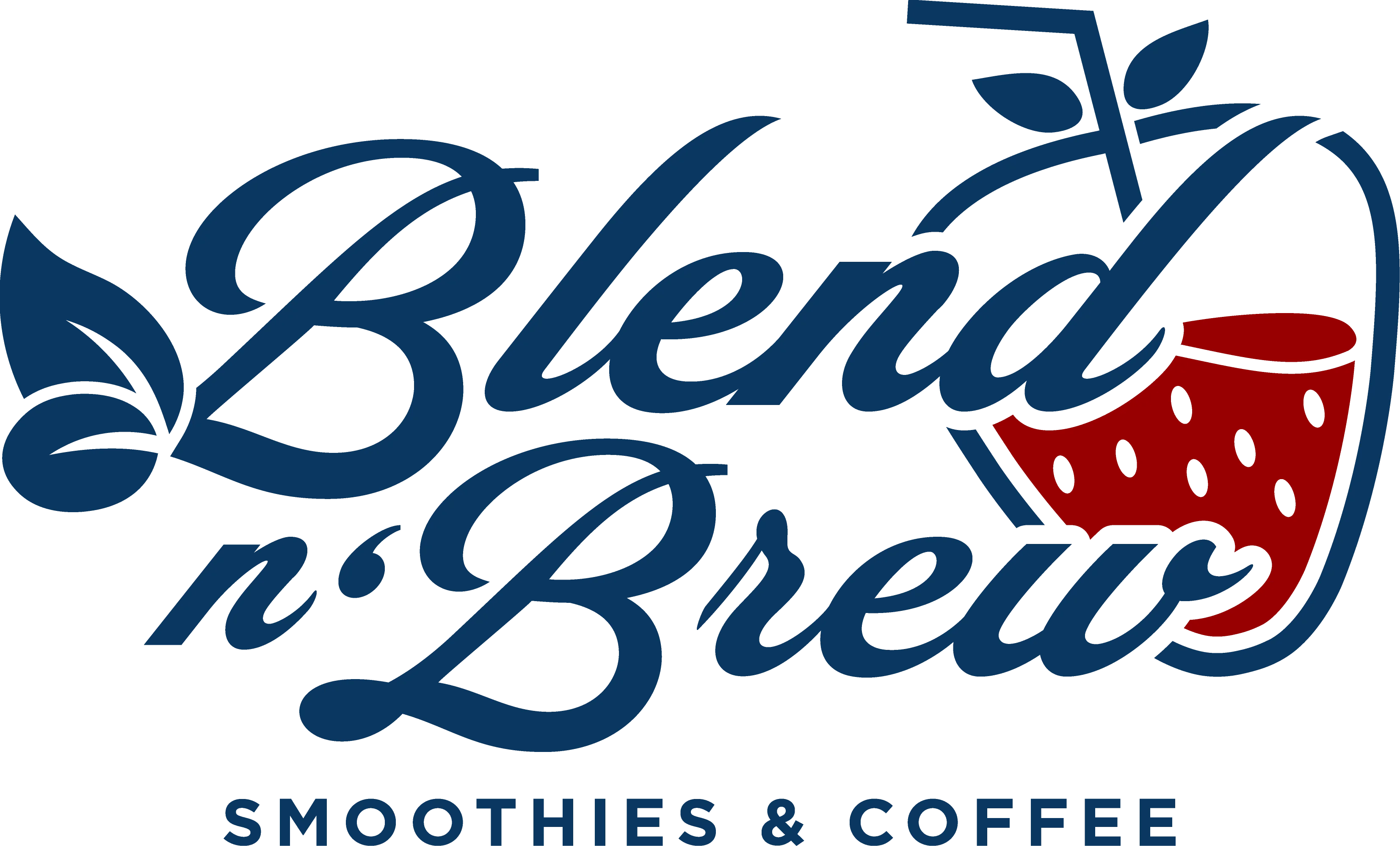 A logo design featuring the text 'Blend n' Brew' with a strawberry and leaf motif, highlighting smoothies and coffee.