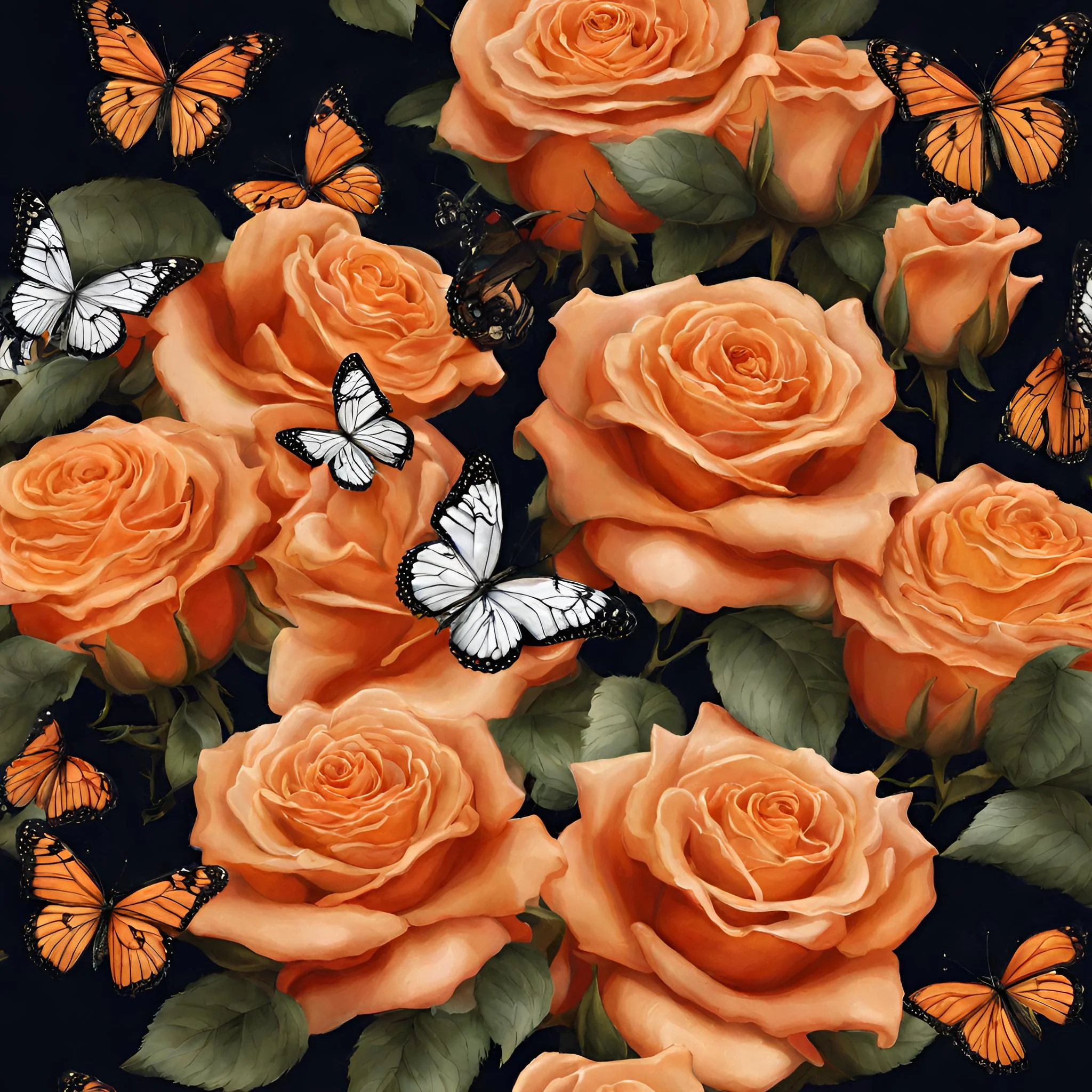 Vibrant orange roses with butterflies on a dark background