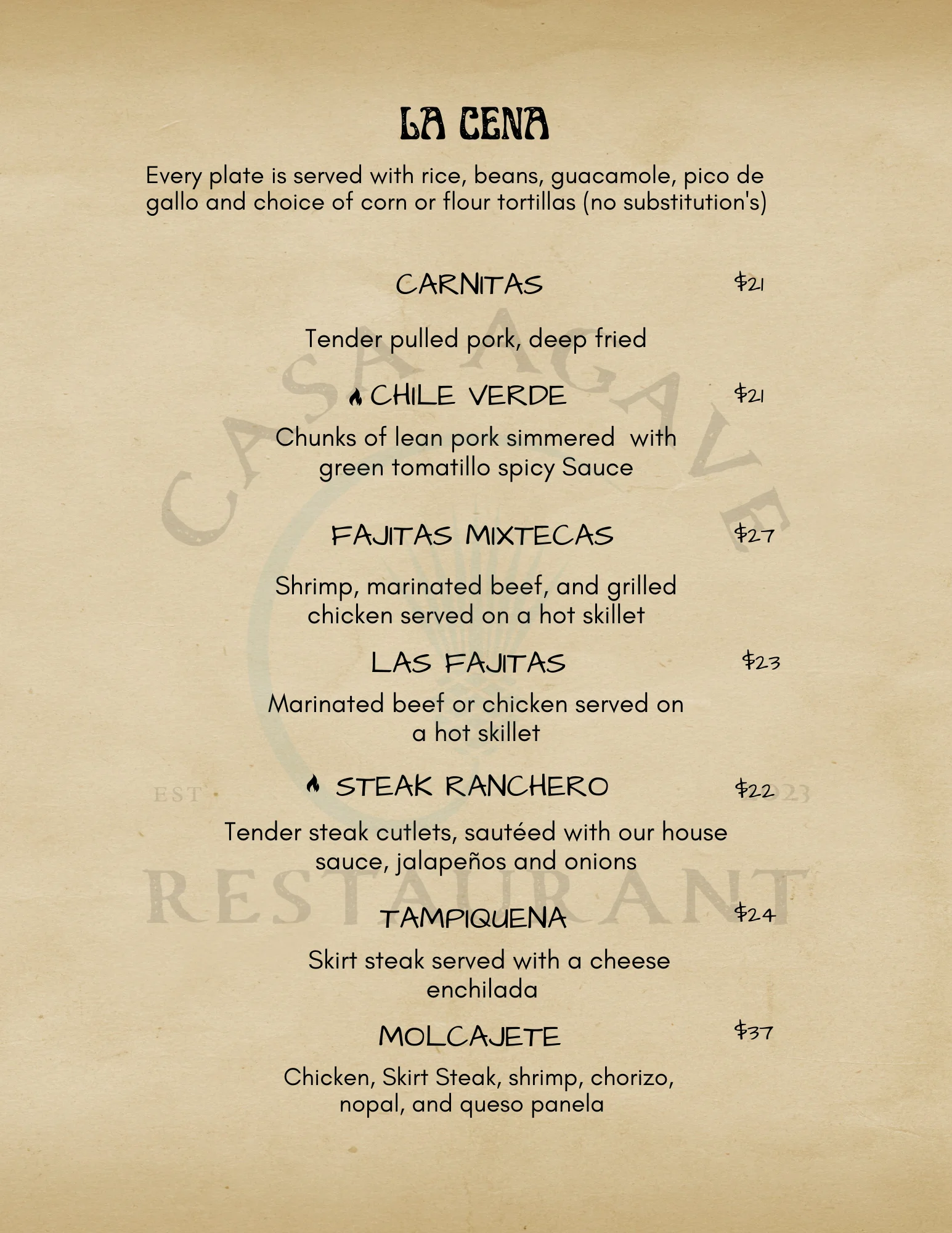 Authentic Mexican dinner menu featuring traditional dishes