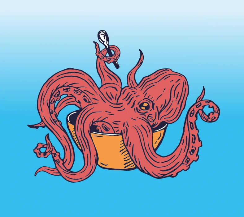 Illustration of an octopus in a bowl, symbolizing seafood cuisine