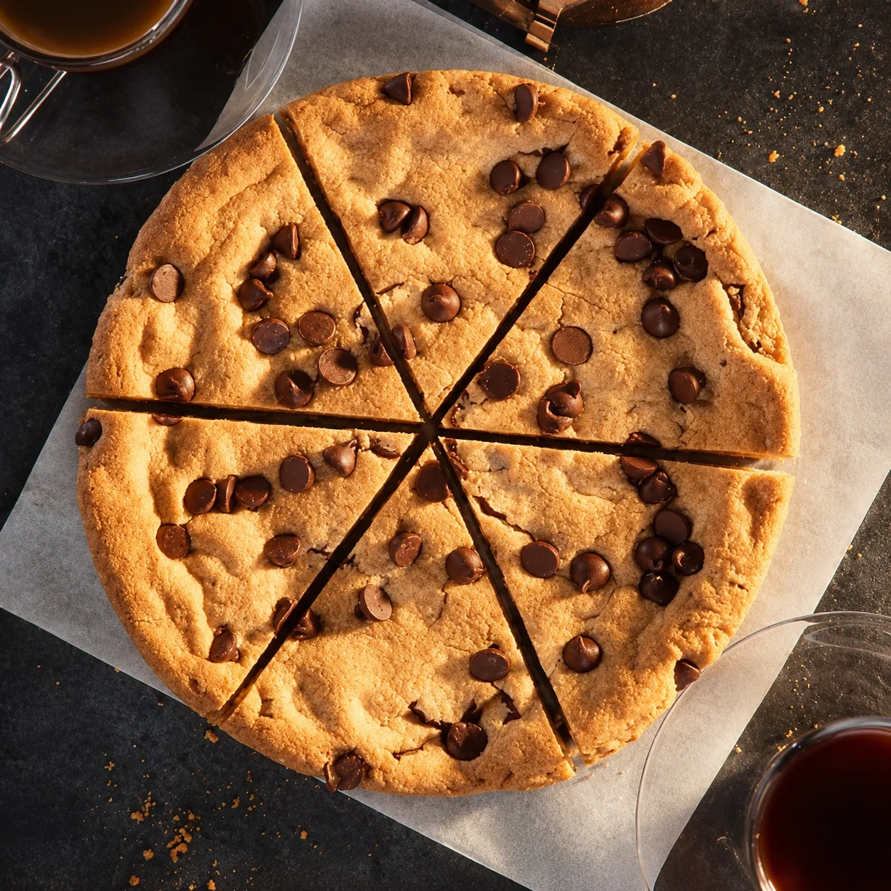 Chocolate chip cookie cake sliced into pieces