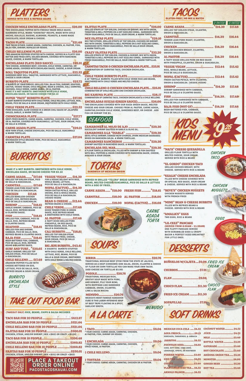 Mexican menu featuring tacos, burritos, and enchiladas
